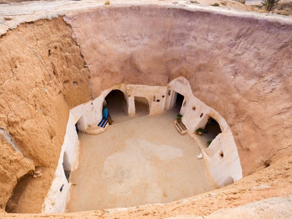 Troglodyte cave dwellings carved into rock near Chinon