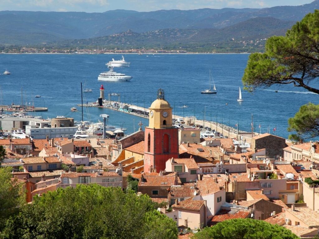 Panoramic view of Saint Tropez town and coastline from the citadel