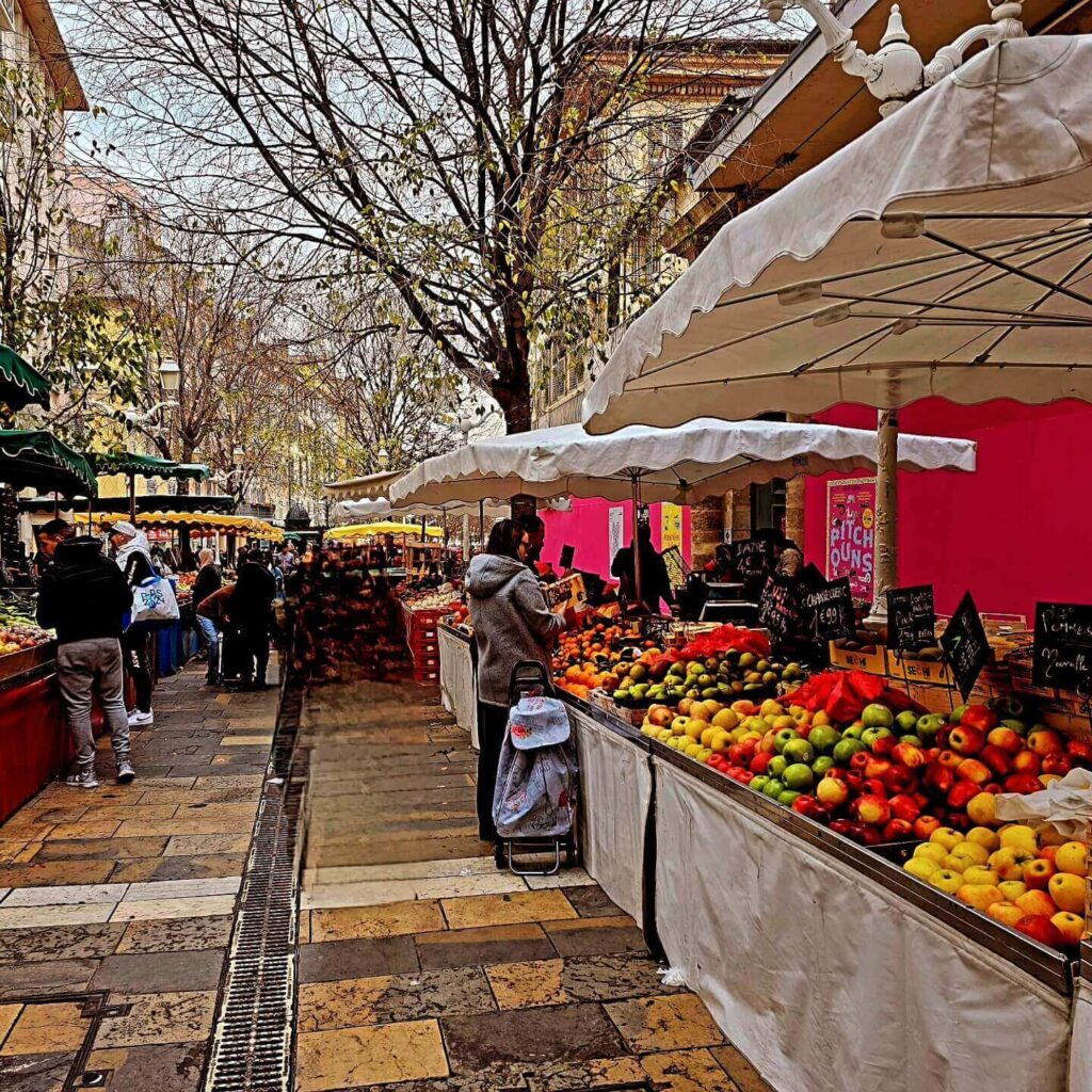 Local market at Cours Lafayette in Toulon with fresh produce and street stalls