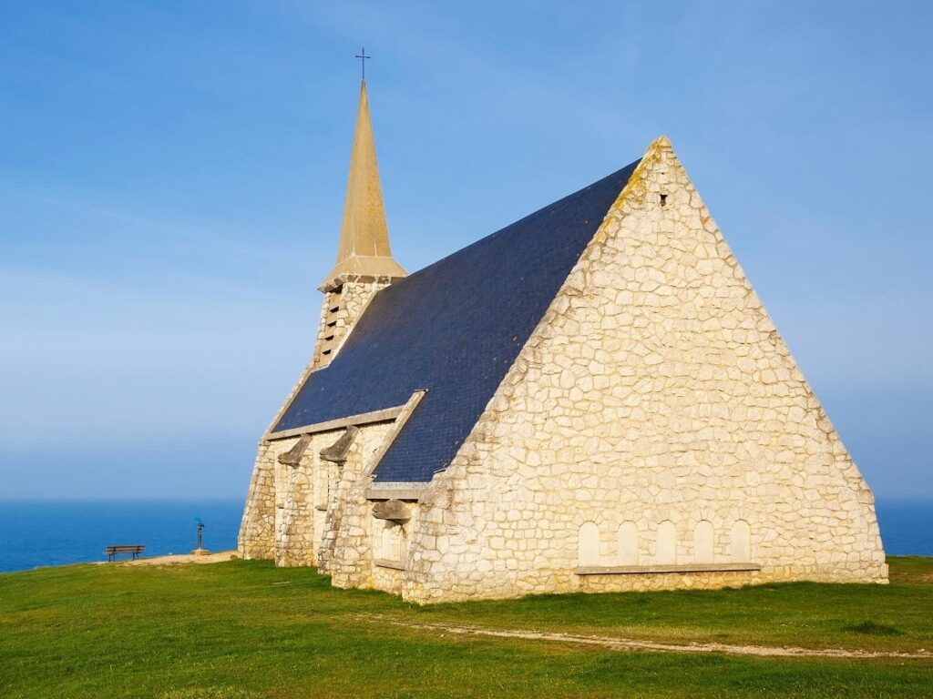 Chapel on cliff overlooking the sea in Étretat