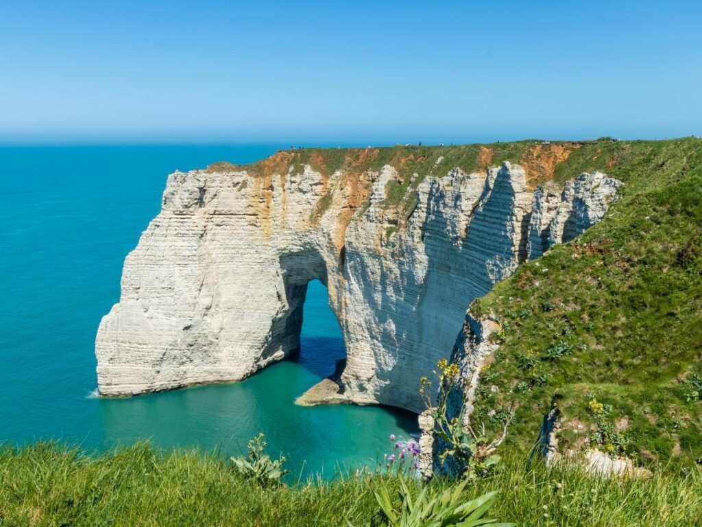 Panoramic view of Étretat cliffs and coastline from above