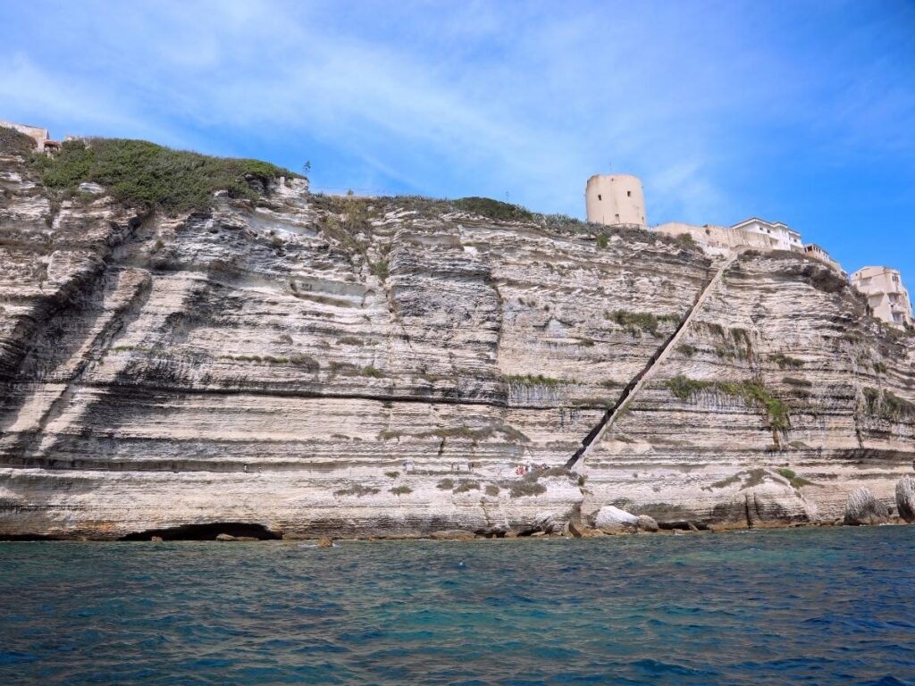 King of Aragon staircase in Bonifacio with views over the coastline