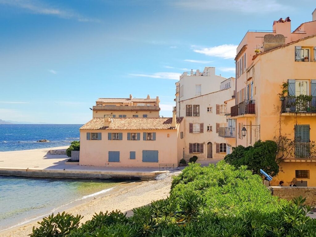 Quiet morning street in La Ponche old town Saint Tropez with soft light