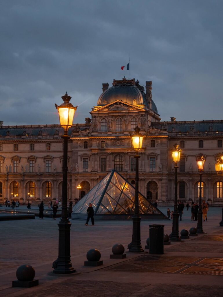 Calm courtyard of the Louvre Museum with fewer visitors