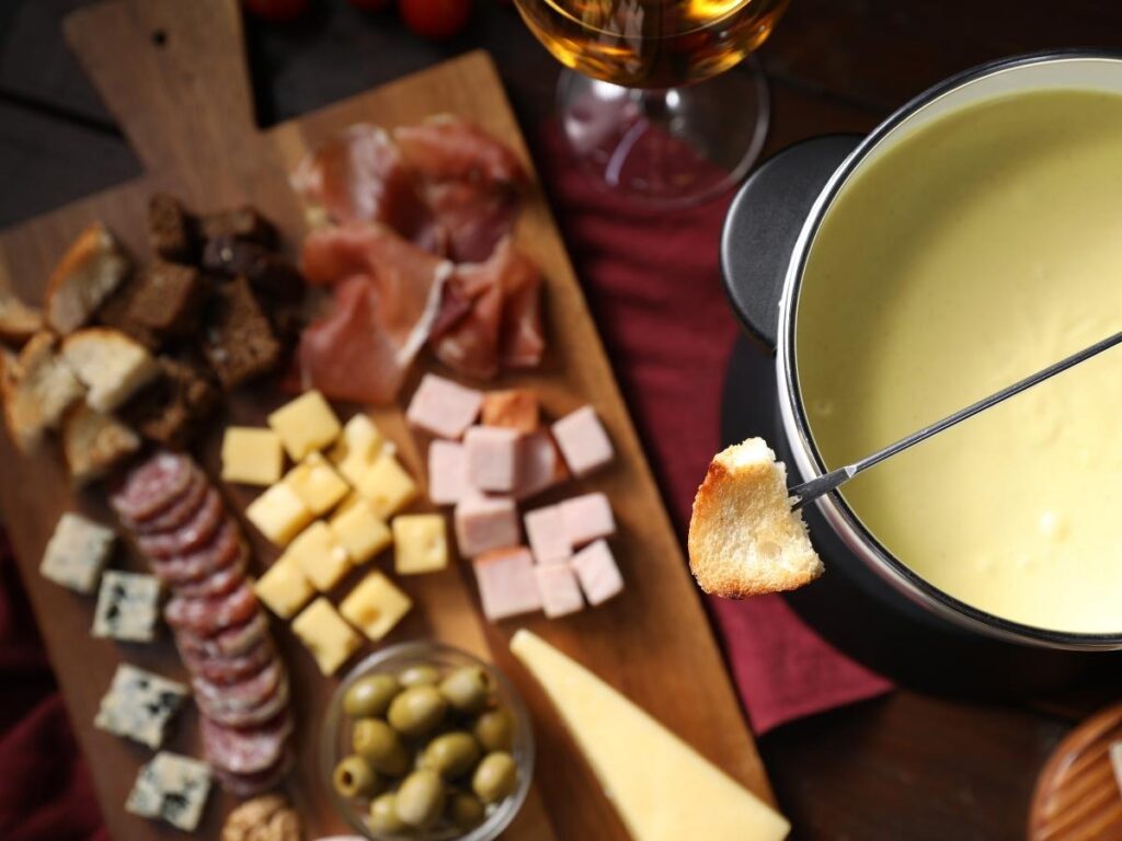 Traditional Savoyard fondue served in a cozy restaurant in Megève