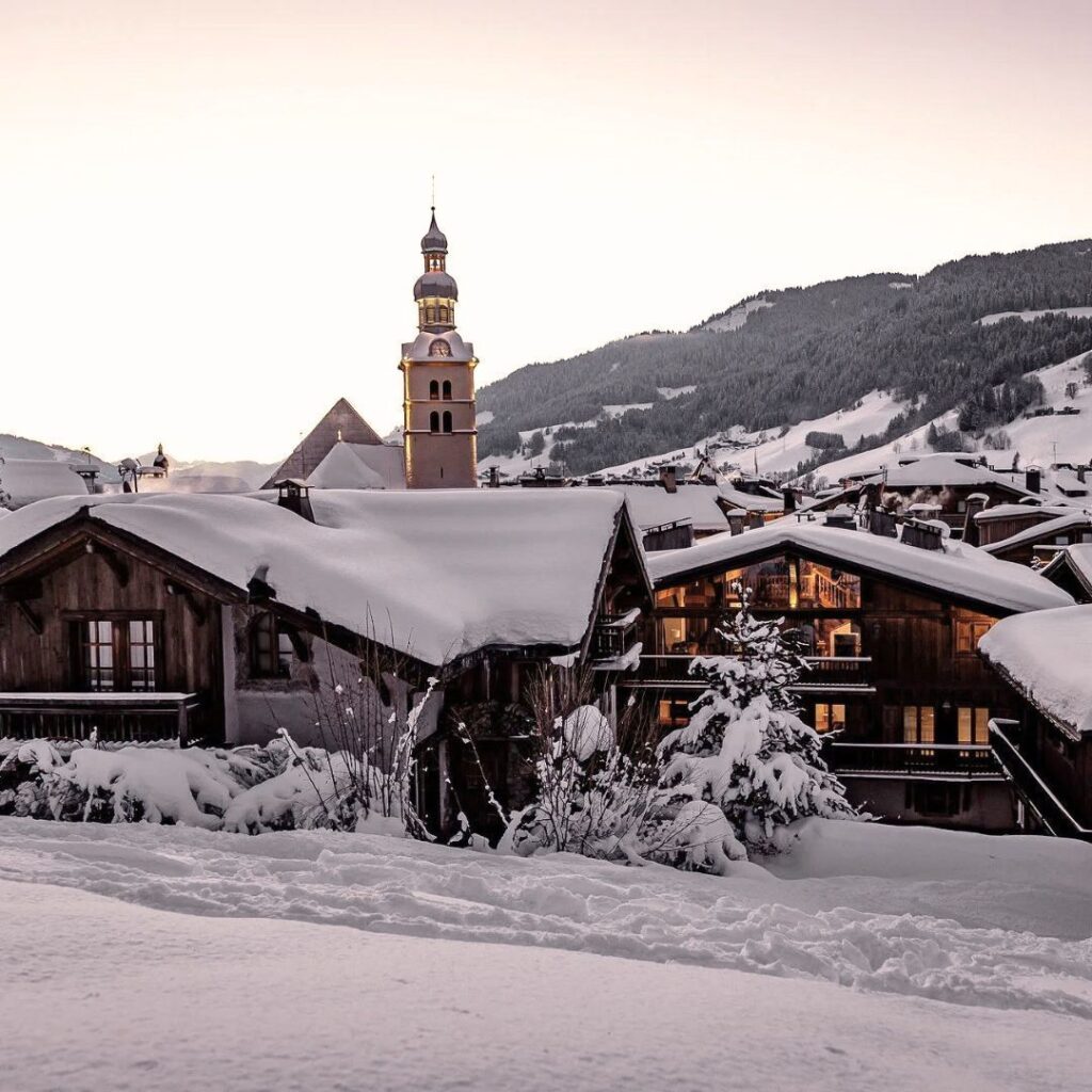 Central square and church in Megève village
