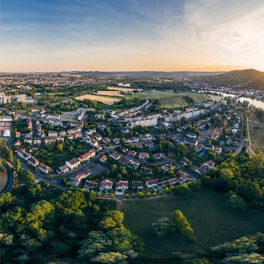 Aerial view of Metz city with river and rooftops