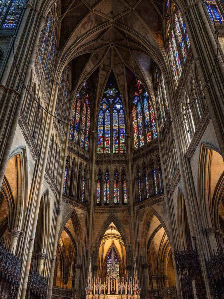 Interior of Metz Cathedral with colorful stained glass