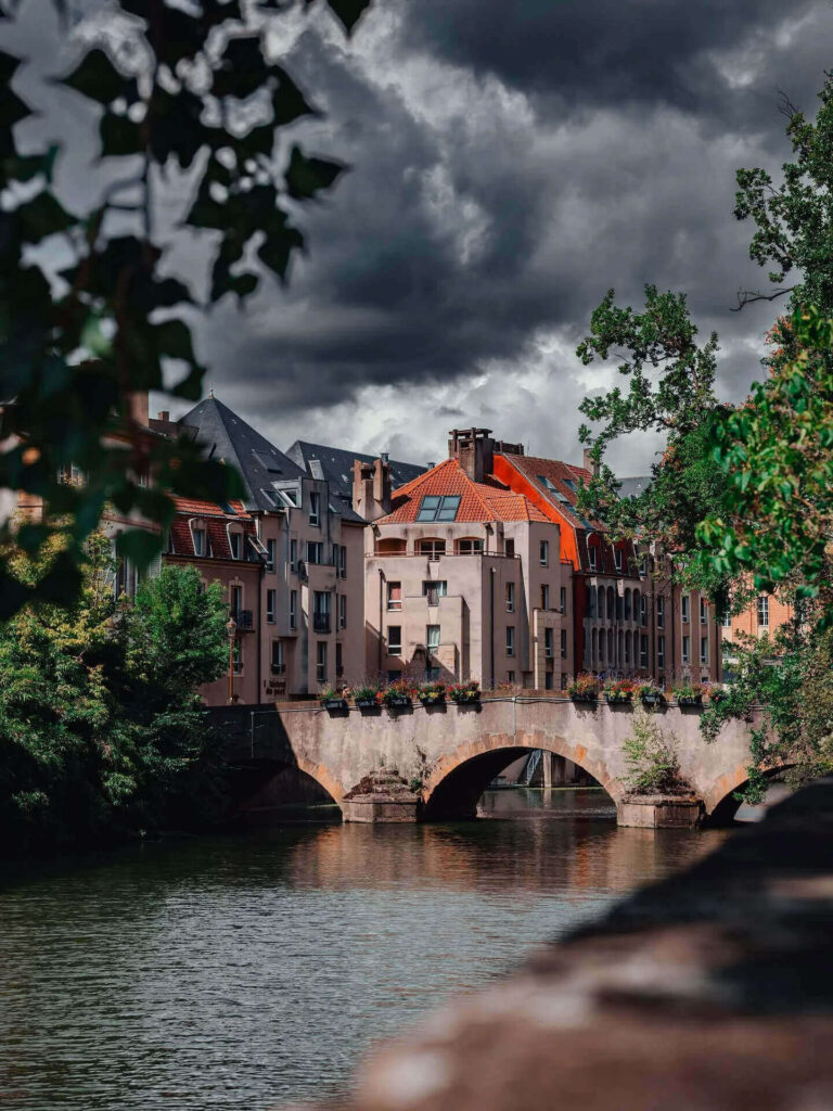View of Metz along the Moselle River with bridges