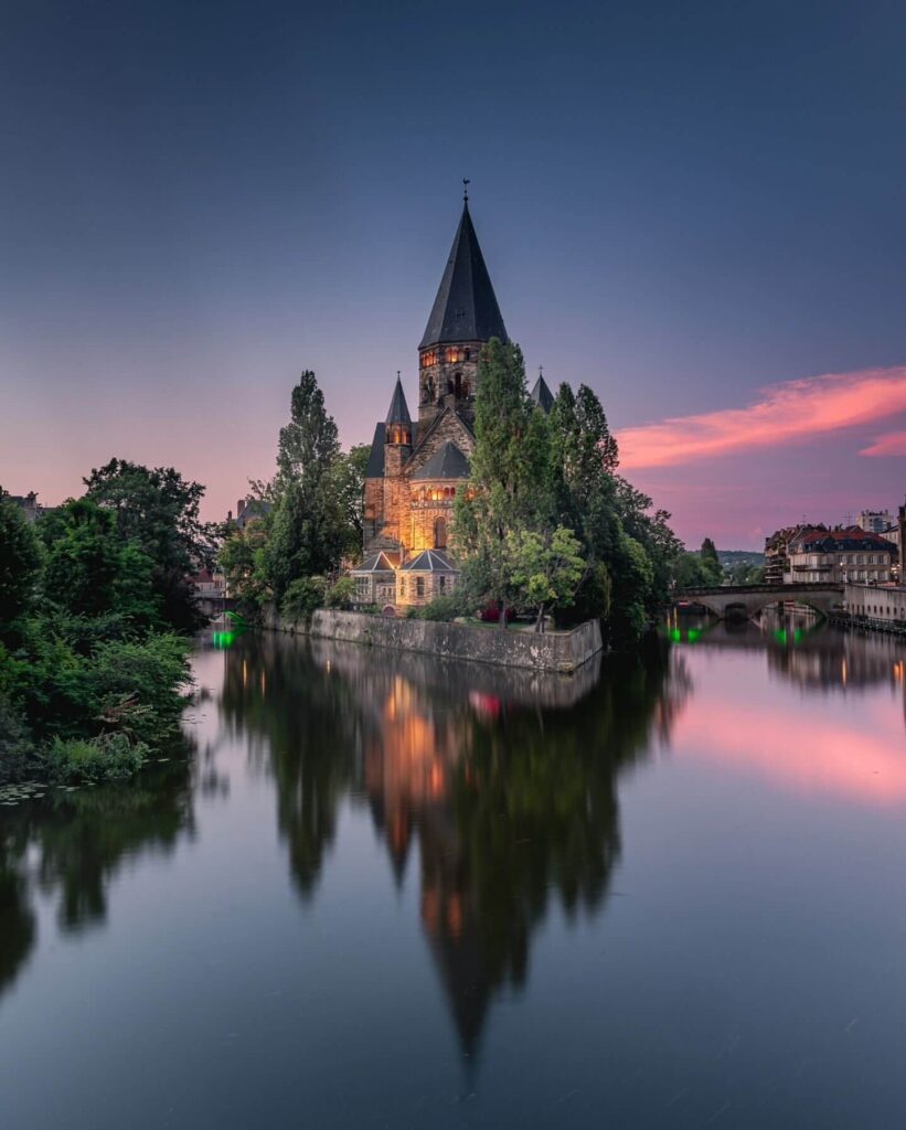 Metz in spring with blooming trees and green spaces