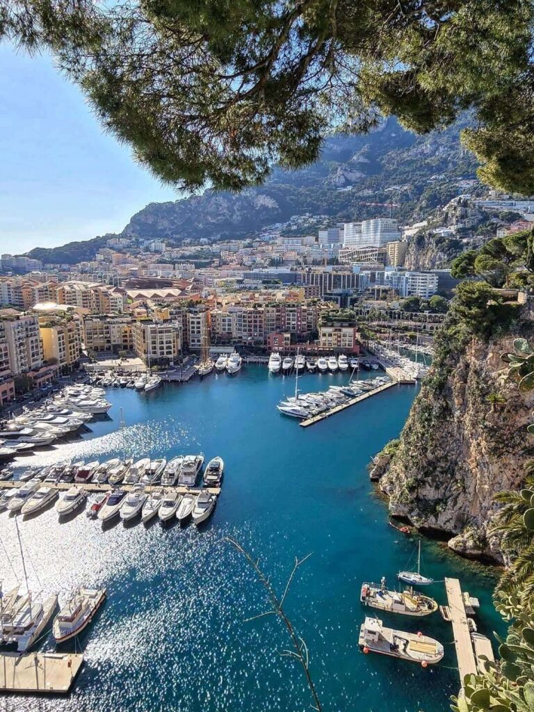 Yachts lined up in Monaco harbor with open waterfront view