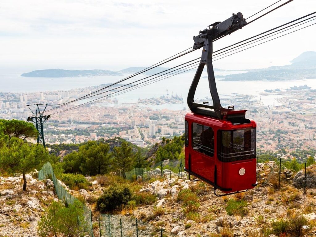Cable car ride to Mont Faron with views over Toulon harbor and coastline