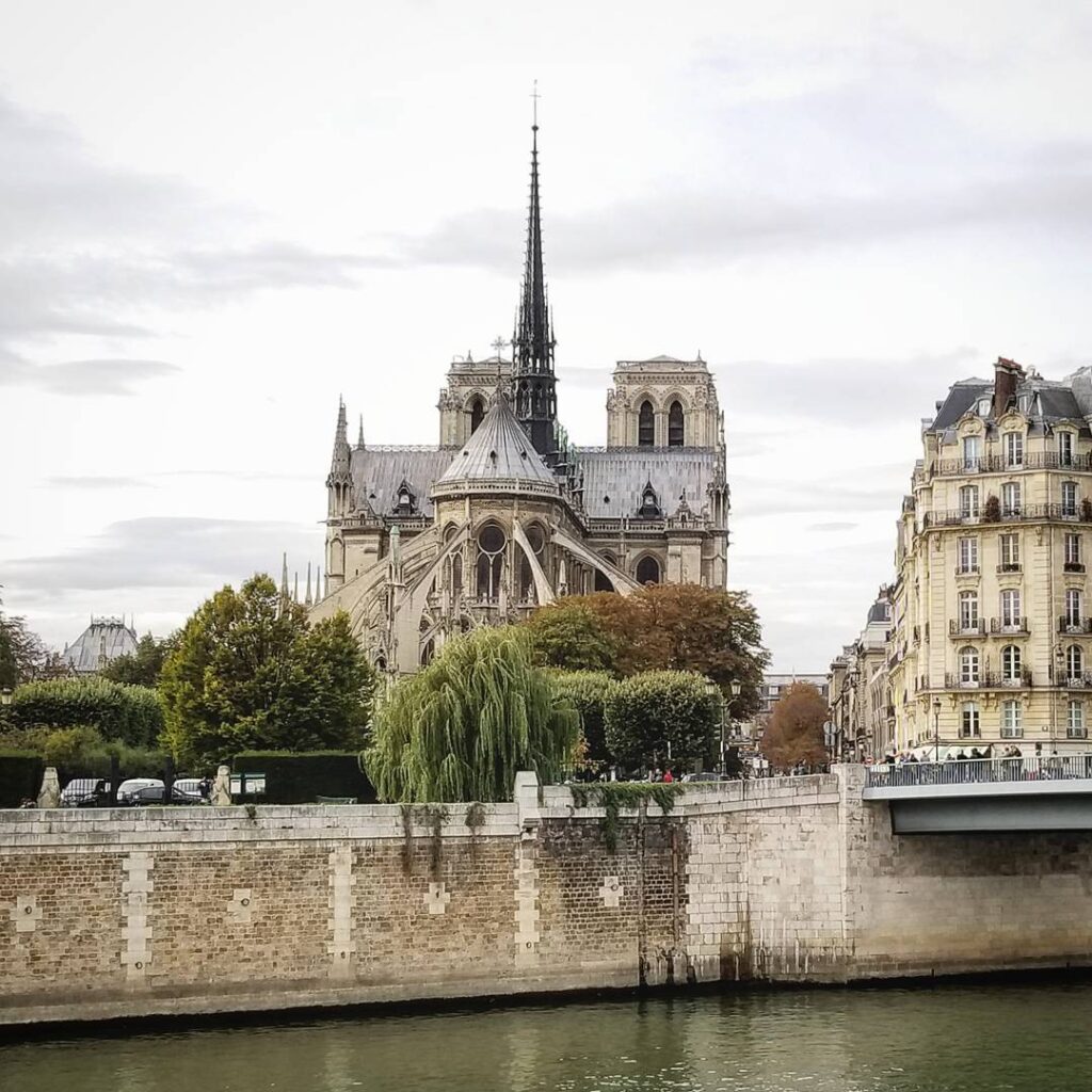 Flying buttresses at the back of Notre Dame cathedral in Paris