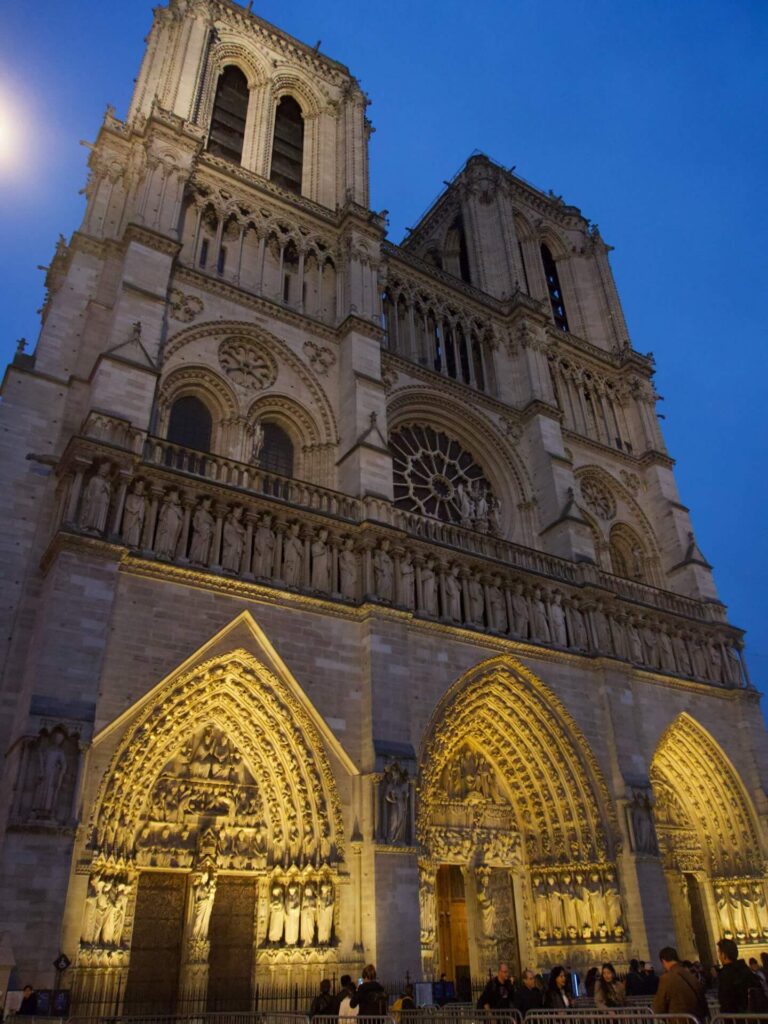 Current view of Notre Dame de Paris with visitors and restoration barriers