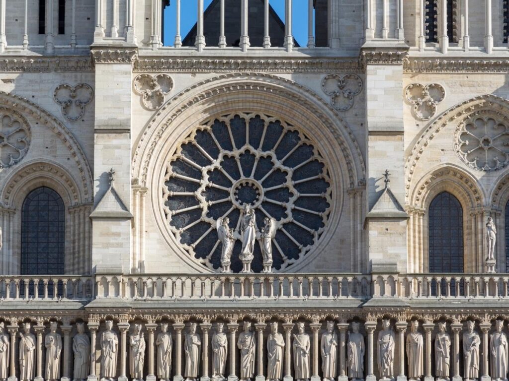 Front facade of Notre Dame de Paris showing towers and detailed architecture