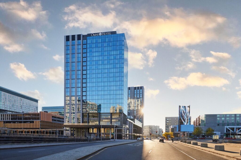 Exterior view of Omni Boston Hotel at the Seaport with modern waterfront architecture in Boston
