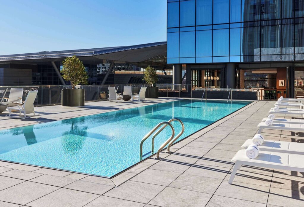 Rooftop pool at Omni Boston Hotel at the Seaport during sunset