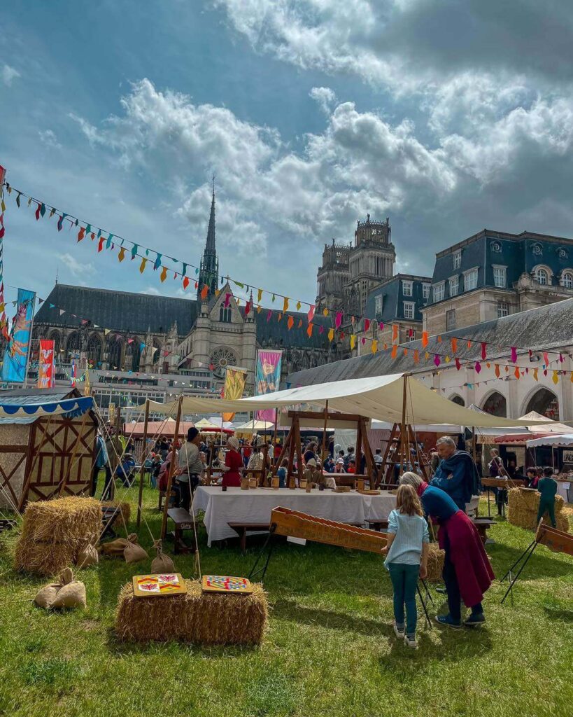 Local market in Orléans France with fresh produce and food stalls