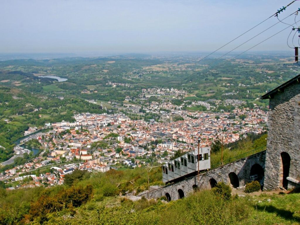Panoramic view of Lourdes and the Pyrenees from Pic du Jer