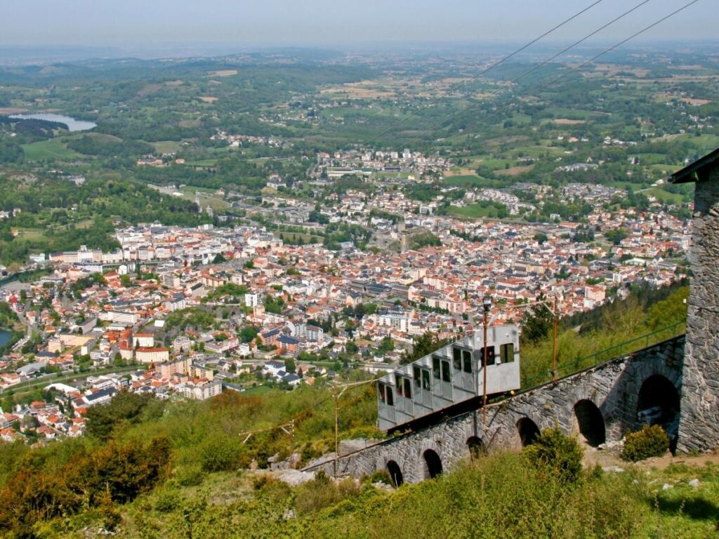 Panoramic view of Lourdes and the Pyrenees from Pic du Jer