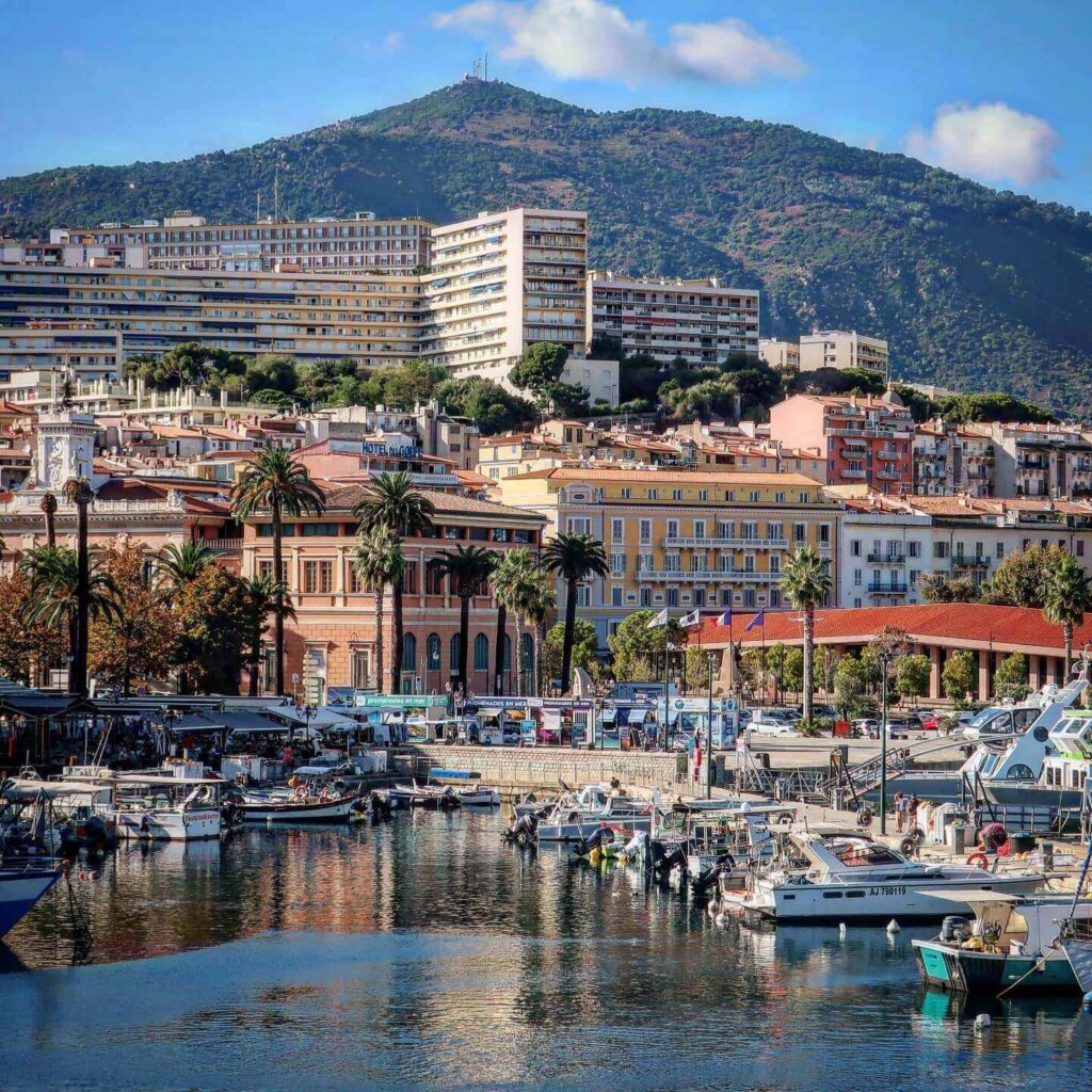 Place Foch and Ajaccio port with palm trees and harbor views