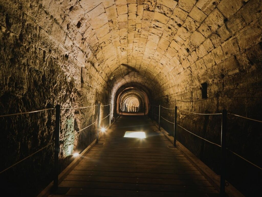 Stone corridor inside the underground tunnels in Provins
