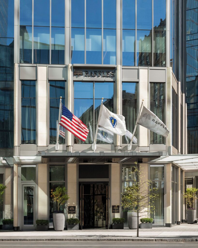 Exterior of Raffles Boston hotel in Back Bay with modern luxury design