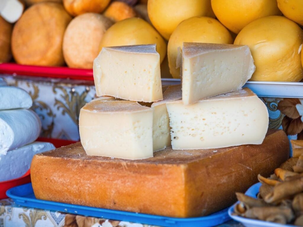 Local market in Sartène with Corsican cheese and fresh produce