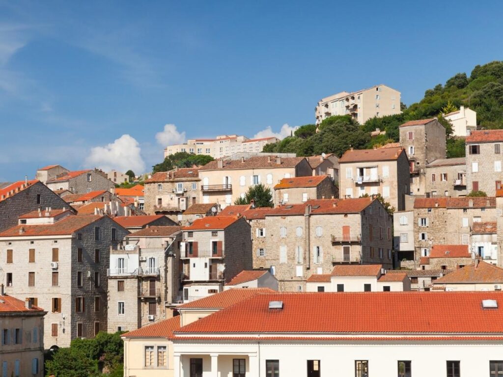 View from Sartène old town over rooftops and surrounding hills