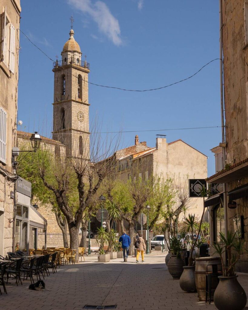 Sartène main square in summer with more people and evening activity