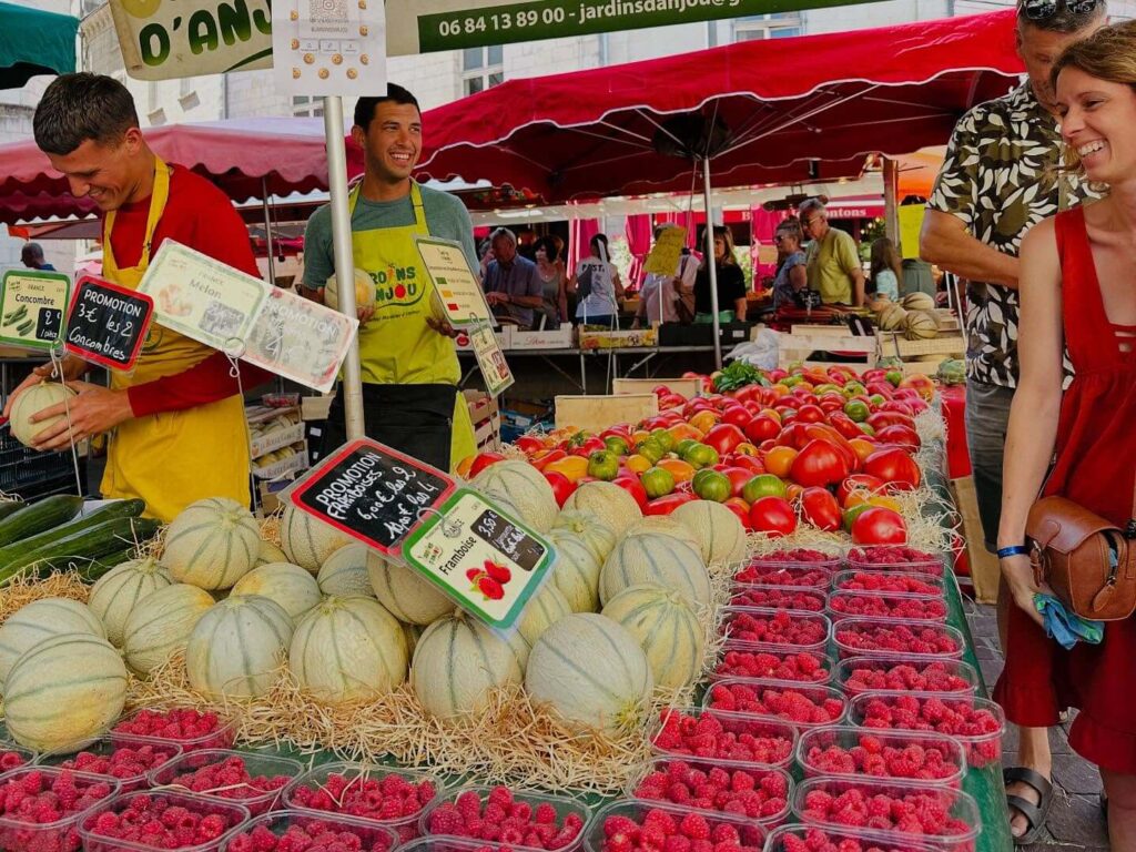 Local market in Saumur with fresh produce and regional products