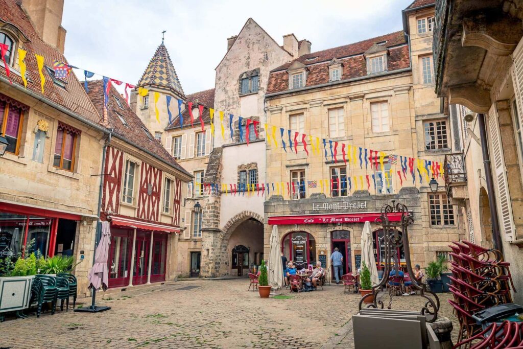 Quiet evening streets in Saumur old town with cafés