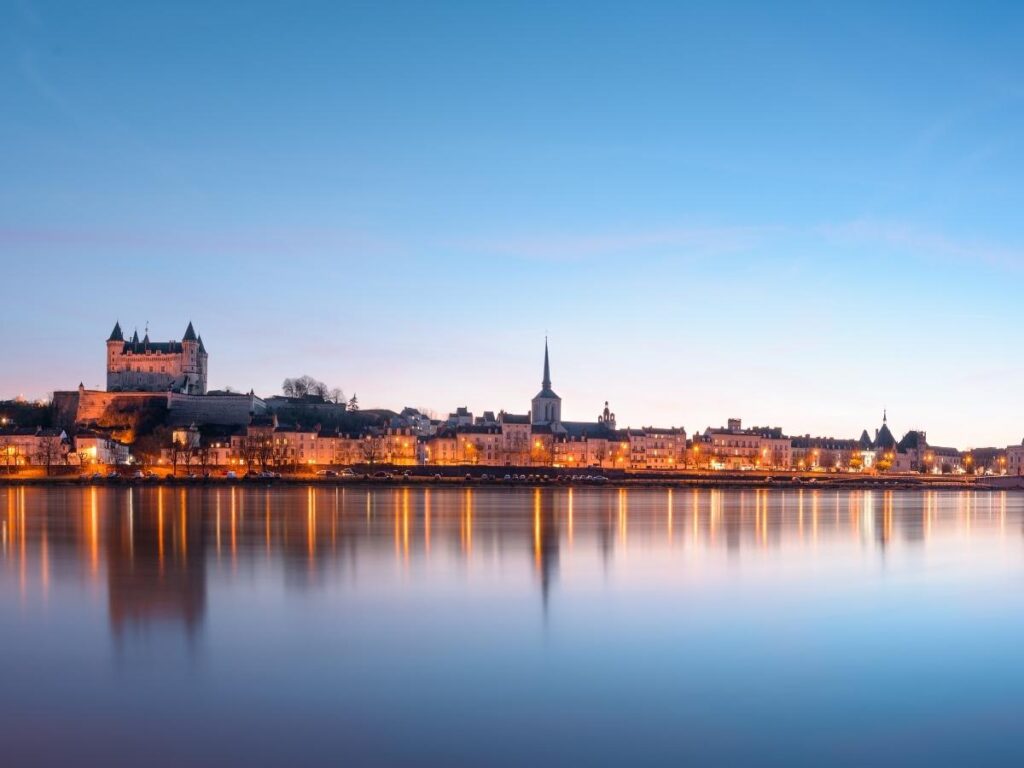 Sunset over the Loire River in Saumur with château in view