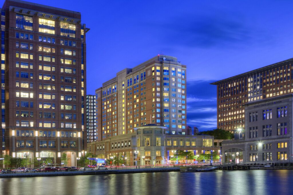 Exterior view of Seaport Hotel Boston located on the waterfront in the Seaport District