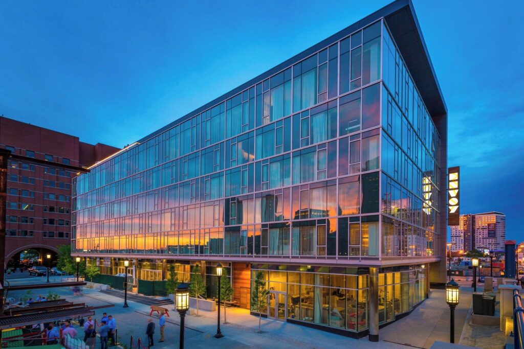 The Envoy Hotel exterior in Boston Seaport District with modern architecture