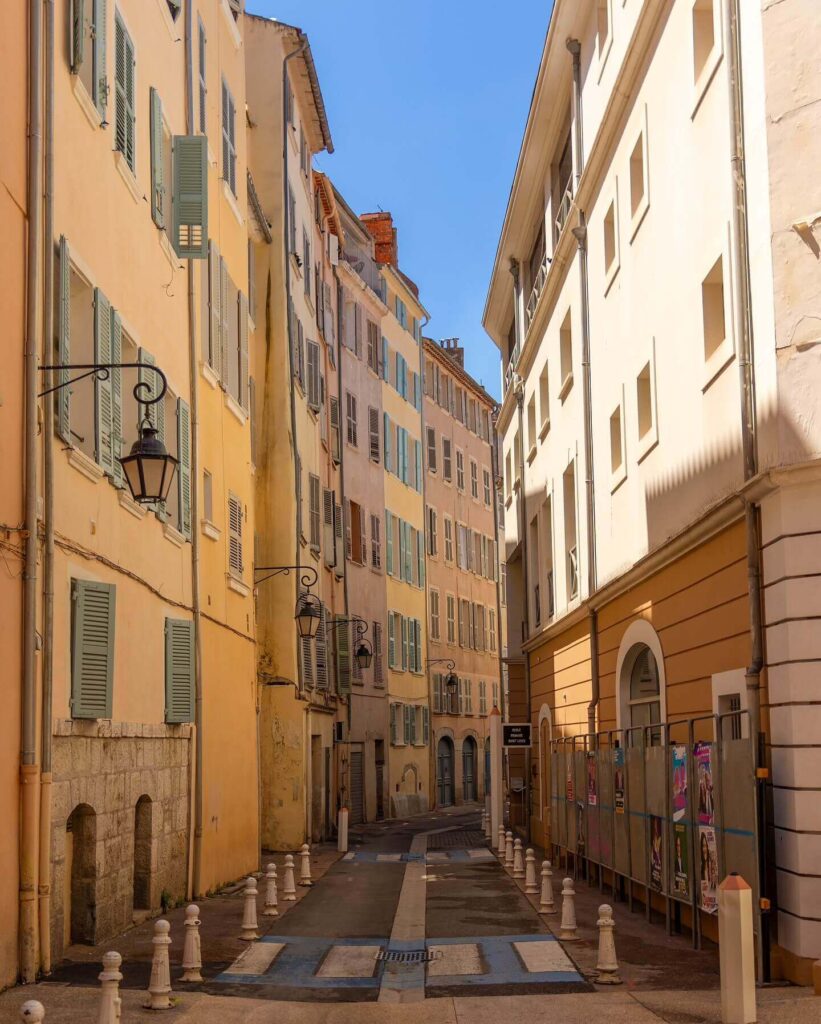 Morning in Toulon Old Town with local streets and Cours Lafayette market