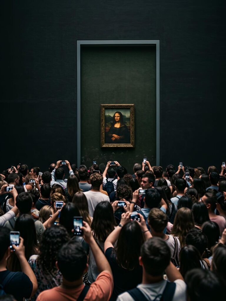 Crowd of visitors gathered around the Mona Lisa inside the Louvre