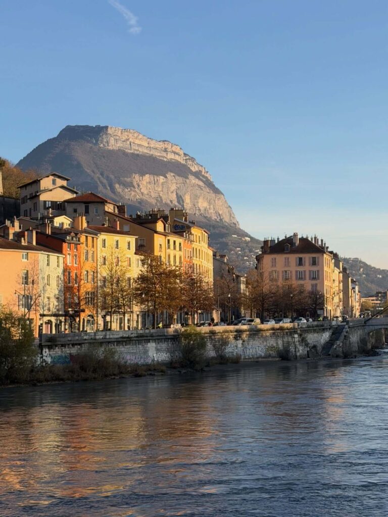 Aerial view of the Bastille and Grenoble surrounded by mountains