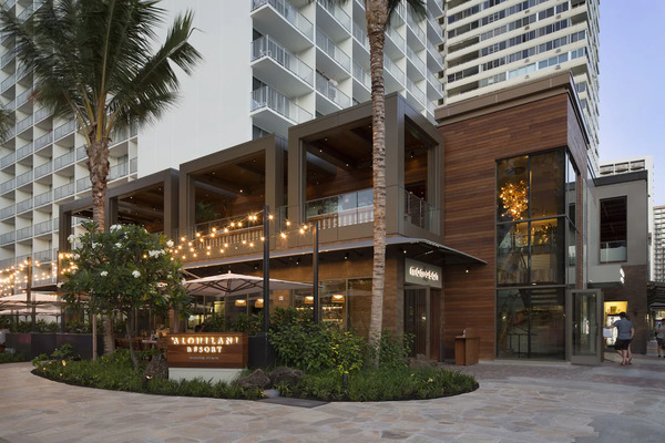 Modern oceanfront exterior of Alohilani Resort Waikiki Beach overlooking Waikiki Beach in Hawaii