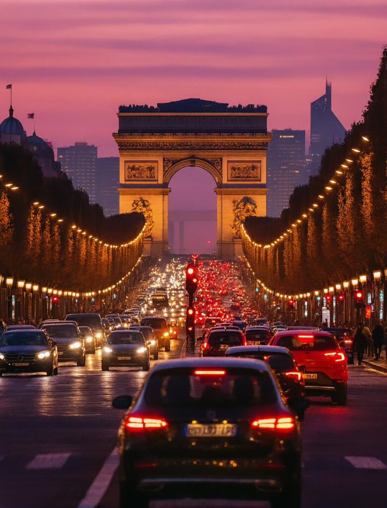 Evening traffic moving around the Arc de Triomphe roundabout