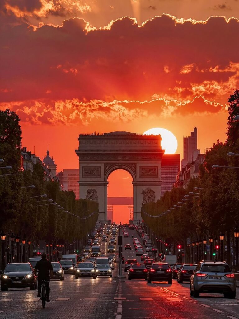 Golden hour rooftop view from the Arc de Triomphe in Paris