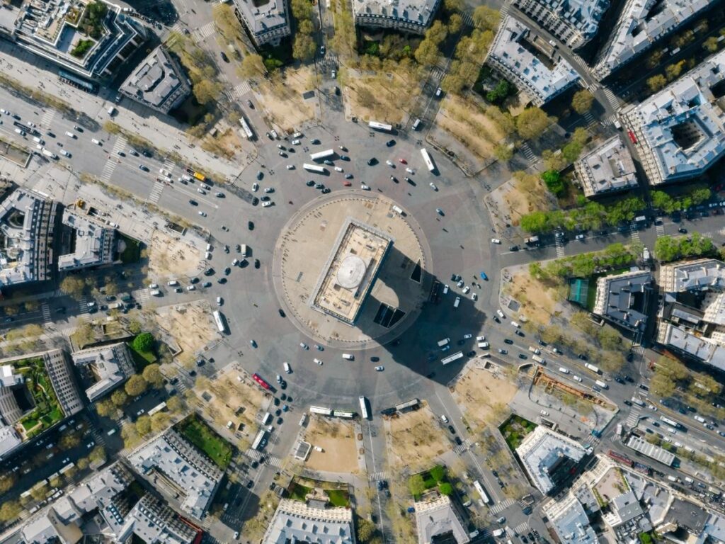 Arc de Triomphe surrounded by the streets of Place Charles de Gaulle in Paris