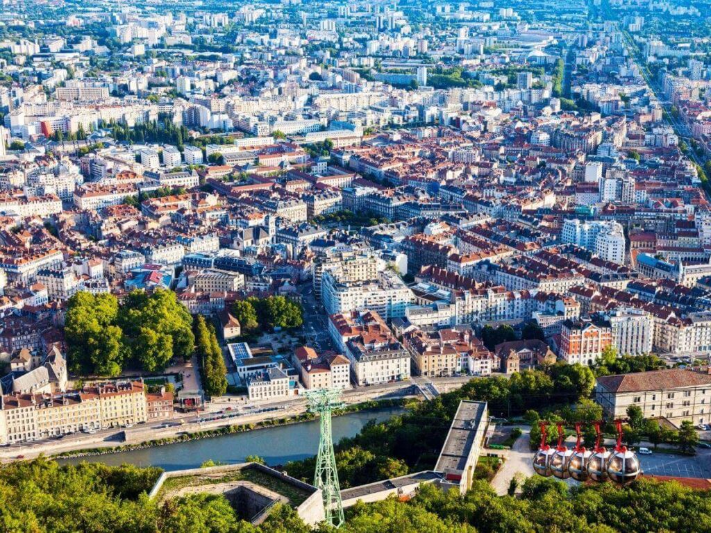 Panoramic views over Grenoble and the Alps from the Bastille