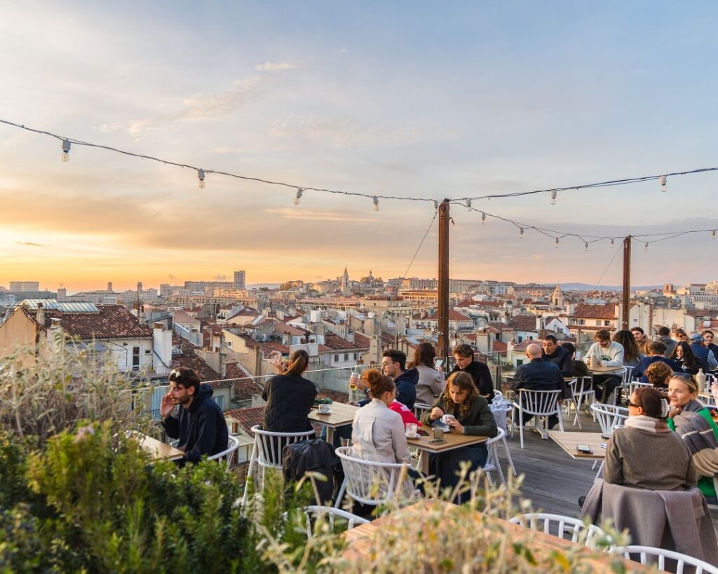 Restaurant terrace views at the Bastille during sunset