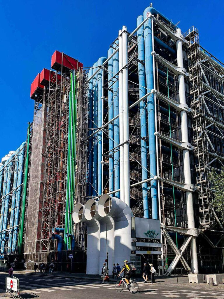 Close-up of the exposed pipes and industrial architecture at Centre Pompidou