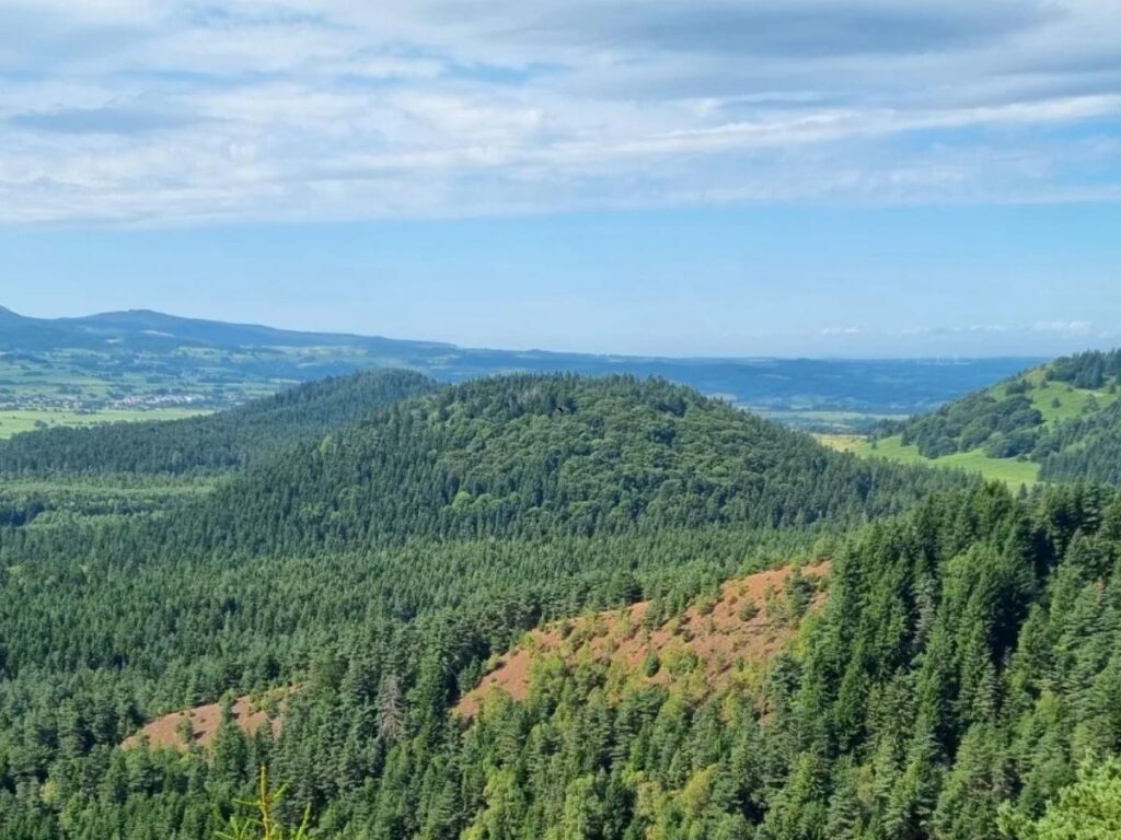 View of the Chaîne des Puys volcanic chain near Vulcania in Auvergne