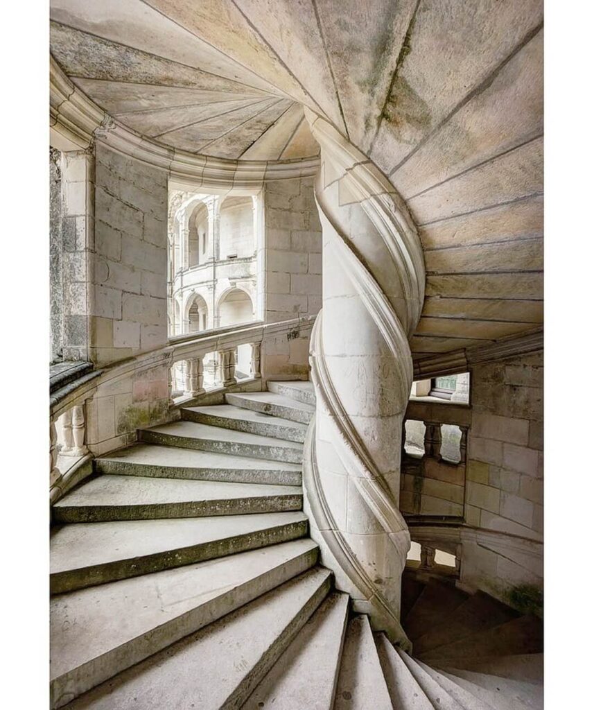 Stone spiral staircase detail at Château de Chambord