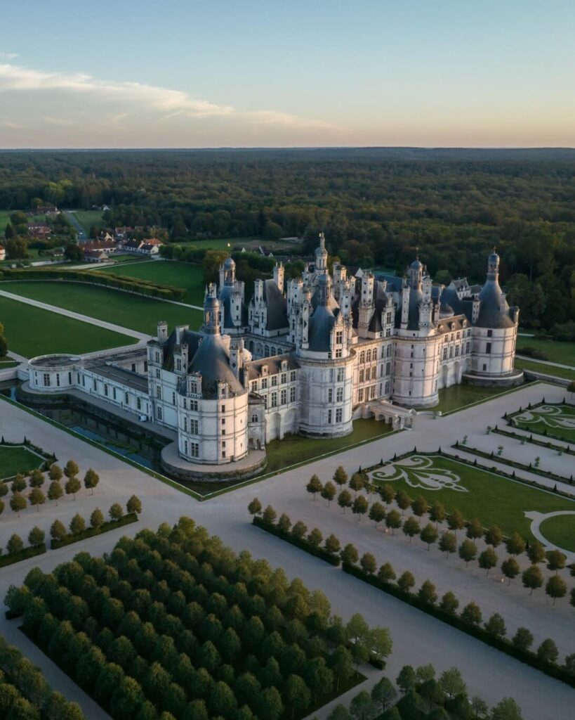 Sunset reflection of Château de Chambord in France