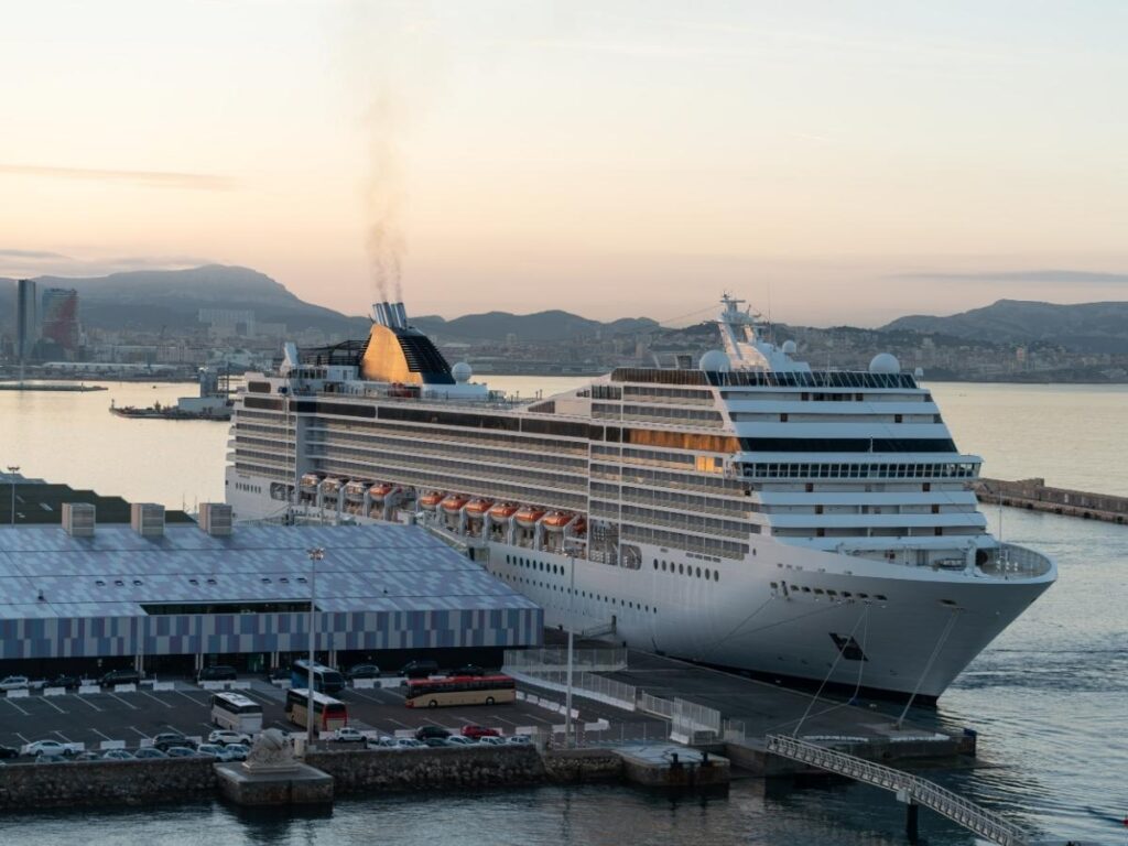 Cruise ship docked near Marseille harbor