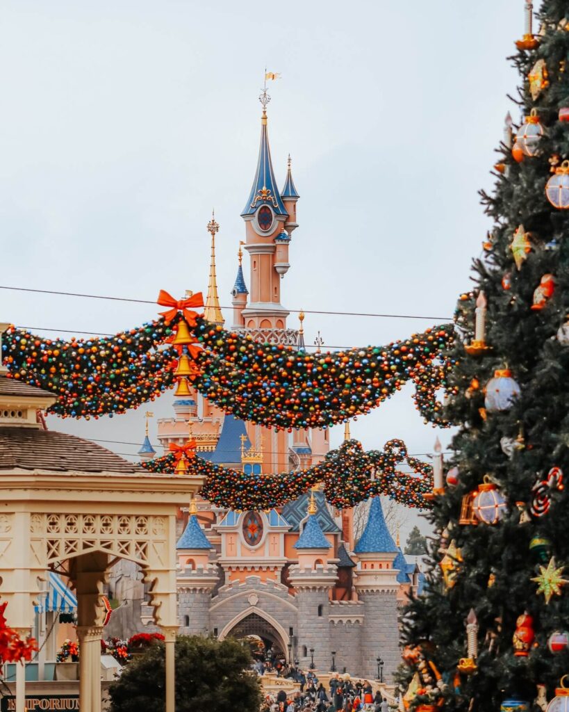 Christmas decorations and lights at Disneyland Paris